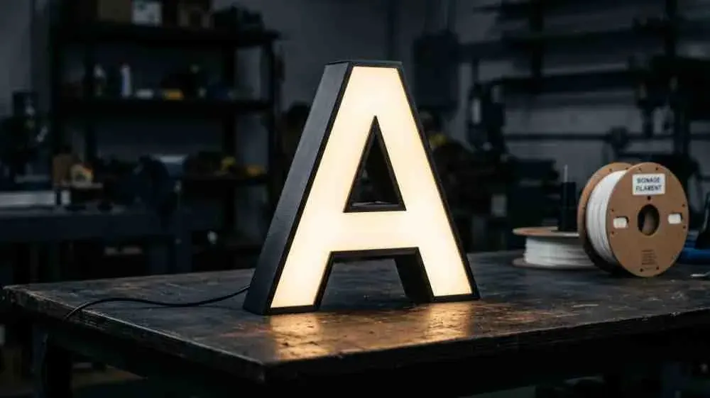A glowing 3D-printed illuminated channel letter on a workbench beside a spool of signage filament