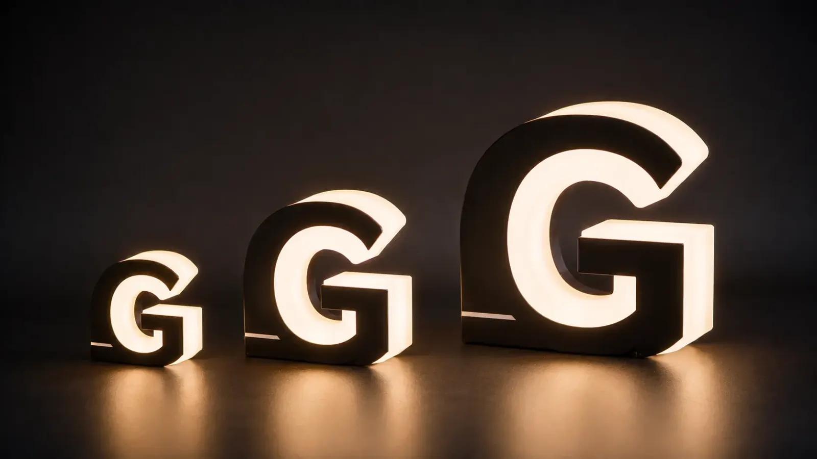 Three 3D-printed illuminated letters of increasing size, representing the printer range