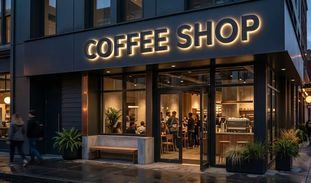 A modern storefront at dusk with bold, deep, illuminated 3D channel letters, representing 2026 signage trends