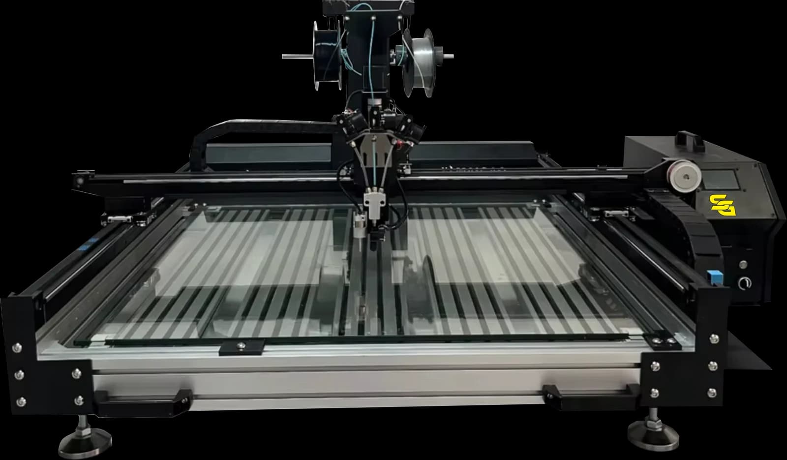 SG-S 3D ULTRA letter printer: open aluminium frame, glass bed and a three-head print carriage