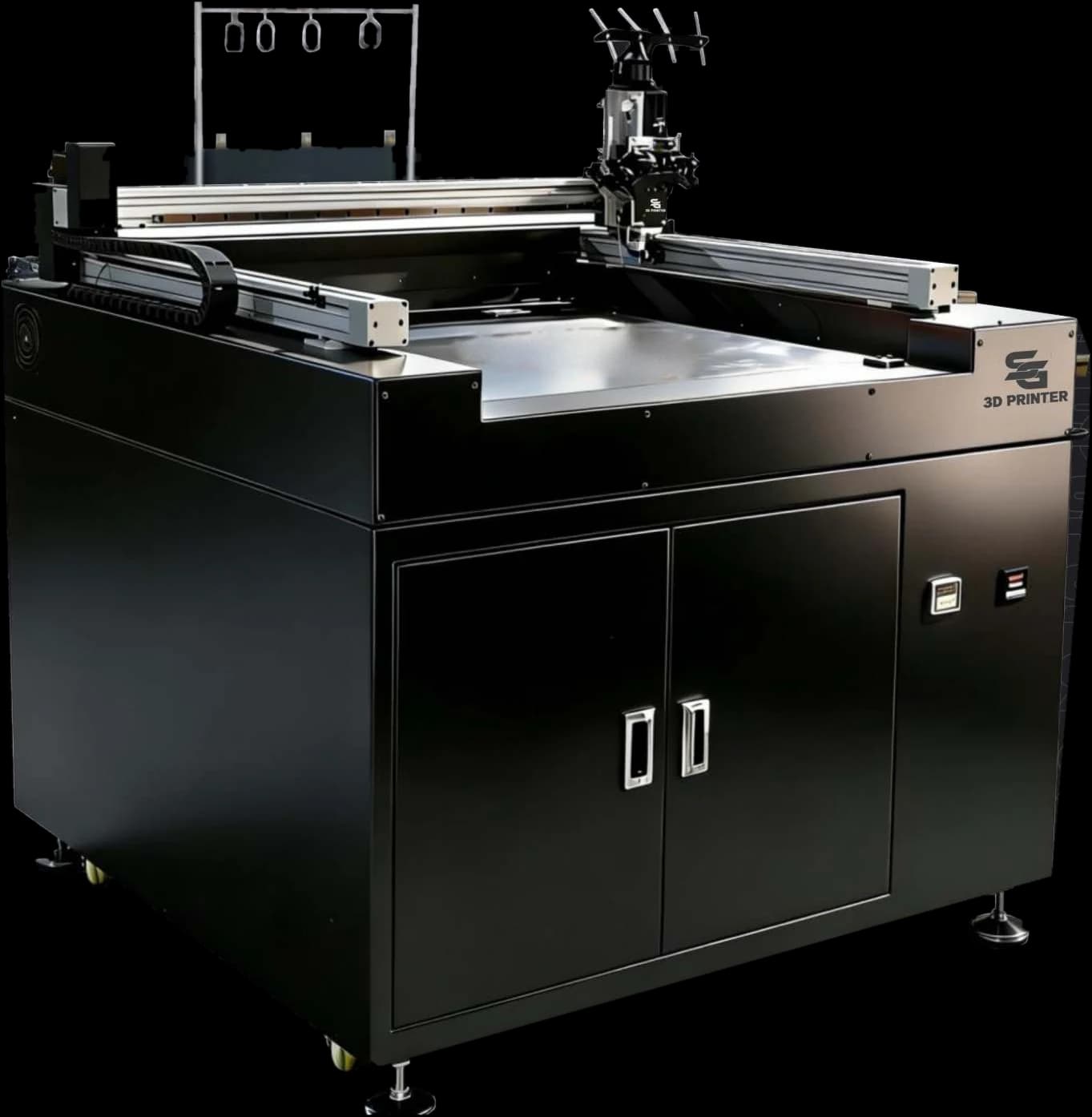 SG-S 3D L2S PRO letter printer: a closed black cabinet with two doors, the print gantry and four-colour print head on top, and the spool rack behind