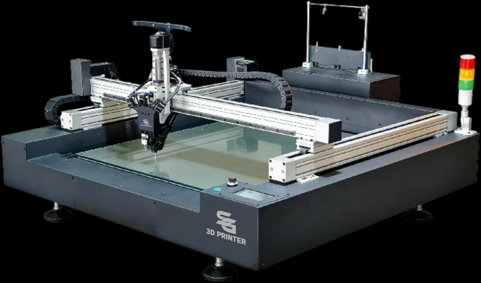 SG-S 3D L2S letter printer: low steel base, glass bed, four-colour print head and a signal tower