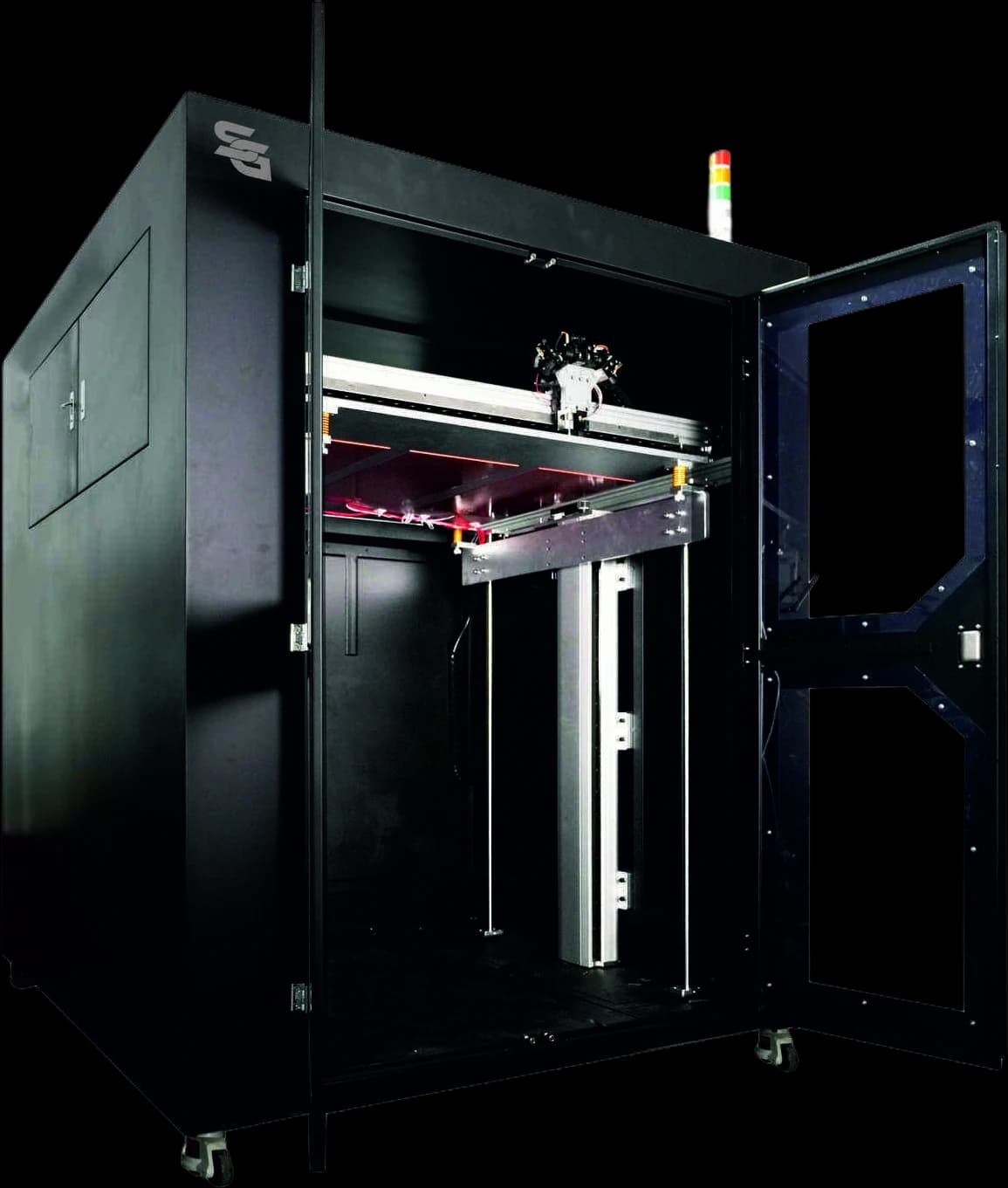SG-T1 100 industrial 3D printer: a large black cabinet with its door open on the gantry and the build plate, a signal tower on the roof