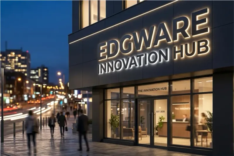 Illuminated 3D-printed channel letters on a building façade at dusk