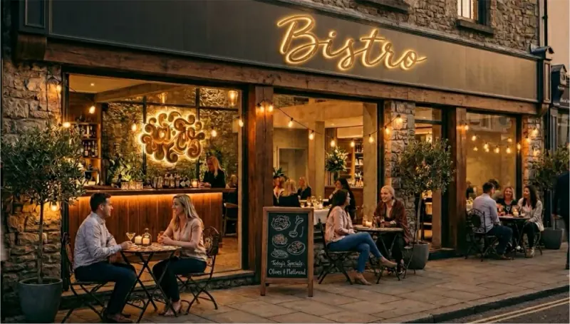 A café storefront at dusk with warm illuminated 3D channel letters above the entrance