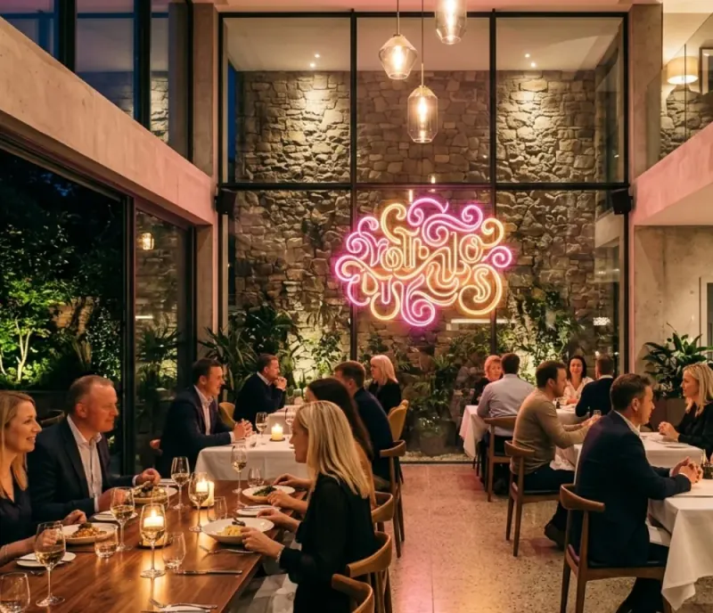 A faux-neon glowing sign on a bar wall, recreating the neon look with 3D-printed letters