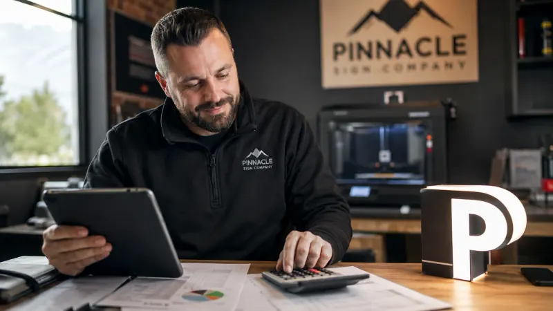 A sign-shop owner reviewing finance figures with a 3D printer and glowing letter in the background