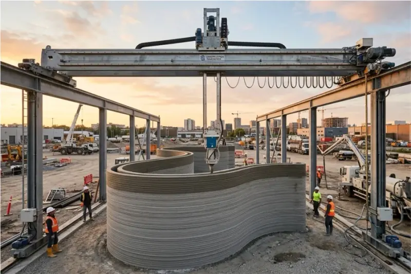 Large-scale 3D printer extruding concrete to build an architectural wall