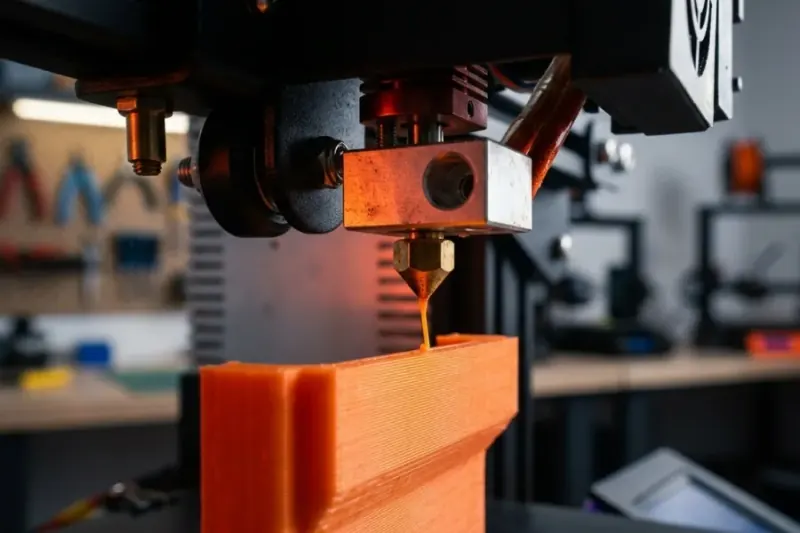 FDM 3D printer extruding thermoplastic filament with visible layer lines