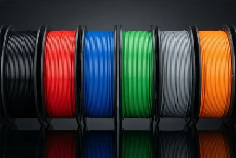 A row of different coloured 3D printer filament spools - PLA, PETG, ABS and more