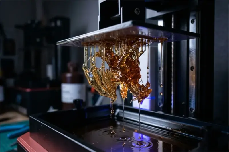 Detailed resin 3D-printed part lifted from a resin vat on an SLA printer