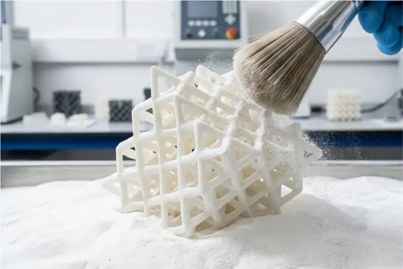 Nylon part emerging from powder in an SLS 3D printer