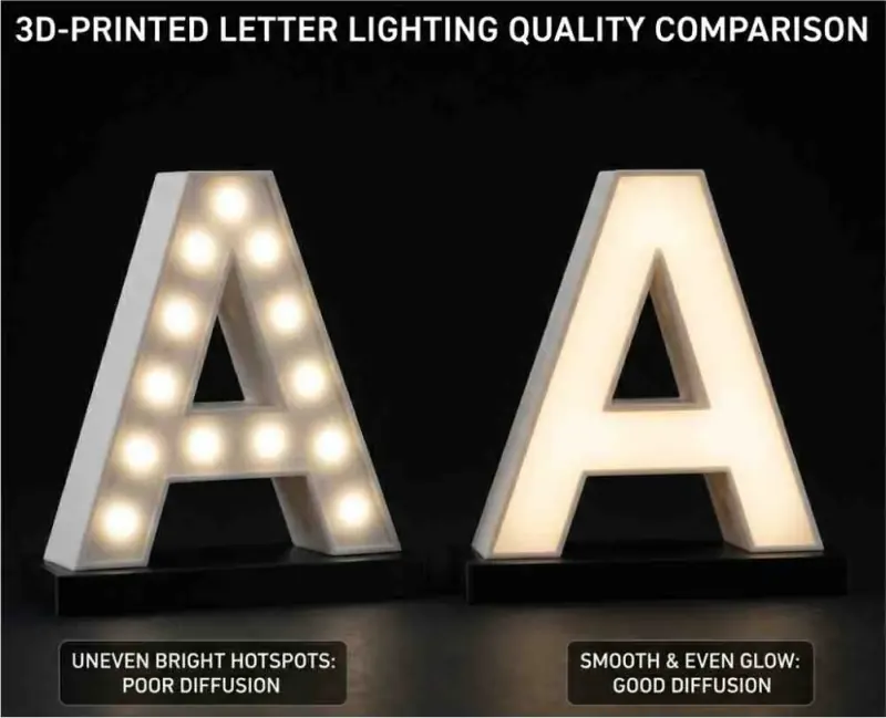 Two lit letters compared - one with hotspots, one evenly illuminated